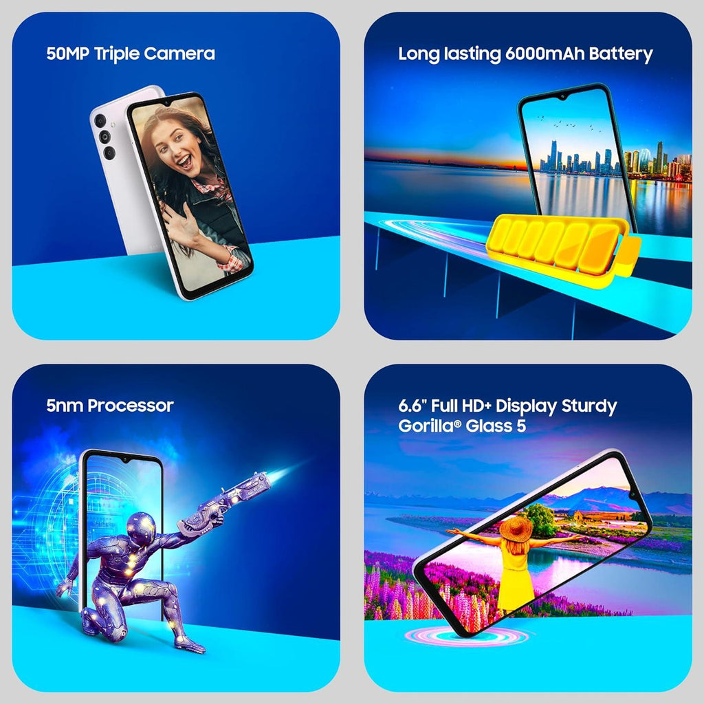 Samsung Galaxy M14 5G (ICY Silver,6GB,128GB)|50MP Triple Cam|Segment's Only 6000 mAh 5G SP|5nm Processor|2 Gen. OS Upgrade & 4 Year Security Update|12GB RAM with RAM Plus|Android 13|Without Charger - Triveni World