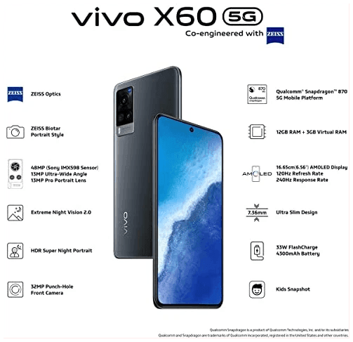 Vivo X60 (Midnight Black, 12GB RAM, 256GB Storage) - Refurbished - Triveni World